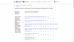 Learner progress tracking page for Ukraine’s nationwide online school showing lesson completion, scores, and course progress.